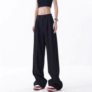 女胖妹妹高腰显瘦mm垂感宽松休闲阔腿裤 裤 褶皱设计感黑色西装 大码