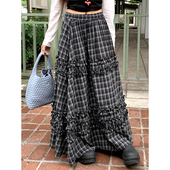 梨形身材穿搭大码 高腰木耳边格子半身裙女胖mm显瘦气质百搭长裙秋