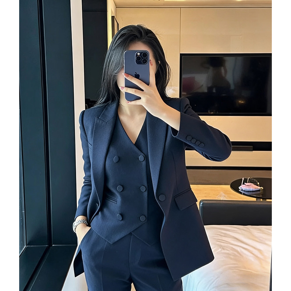 轻职风2025春季新款通勤藏蓝色修身显瘦西装九分裤马甲三件套女,女装/女士精品,时尚套装,淘宝优惠券,粉丝福利购,淘宝优惠卷