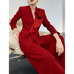 高端轻奢春季气质通勤职业时尚女神立体花朵西装套装阔腿裤两件套