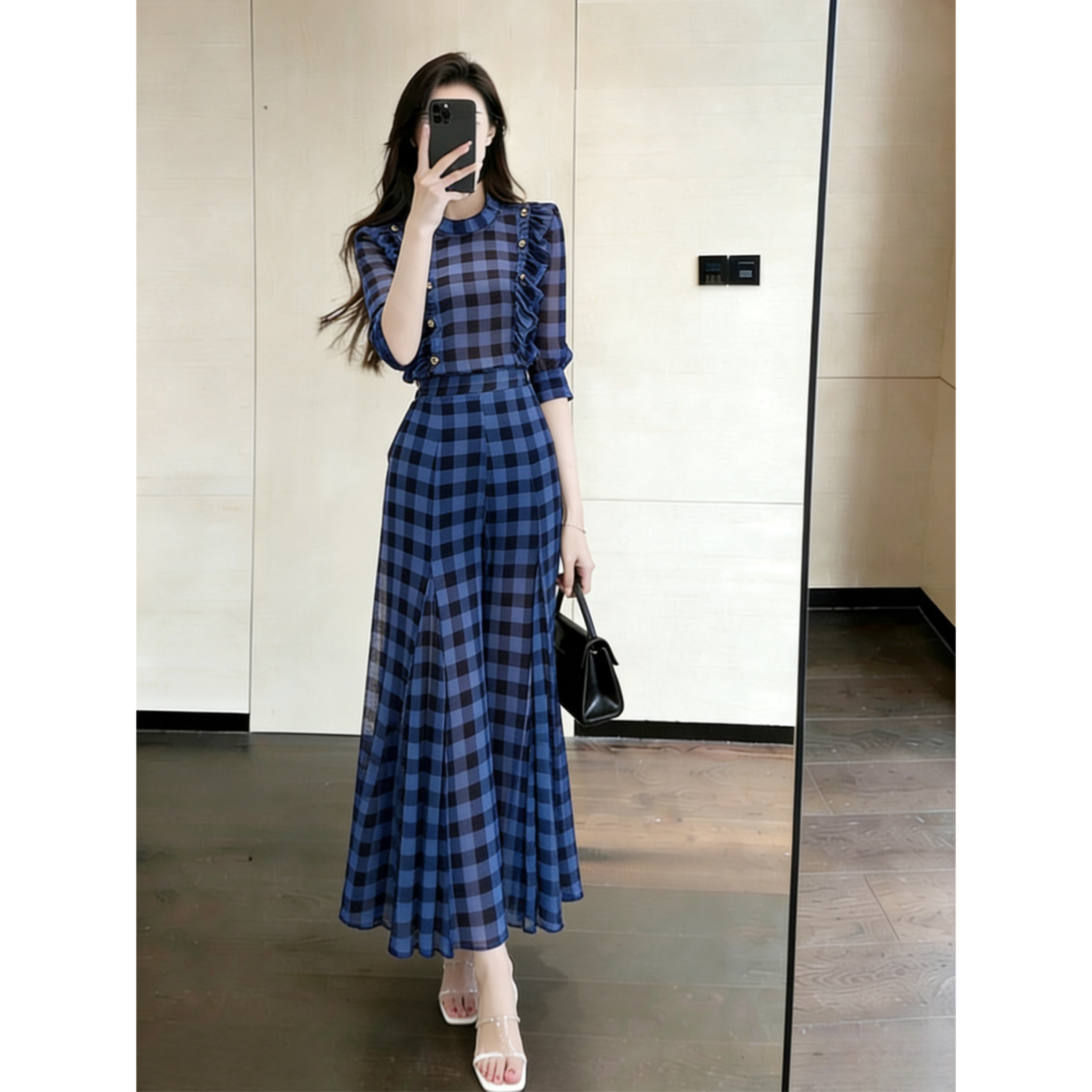 雪纺两件套夏季女装减龄气质格子长裤洋气遮肉显瘦时尚阔腿裤套装