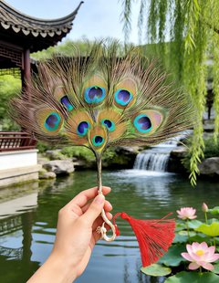 古风孔雀羽扇 汉服拍照道具 新中式书房茶席装饰摆件