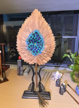 孔雀羽扇风水摆件装饰收藏艺术品客厅玄关家居饰品新中式结婚礼物