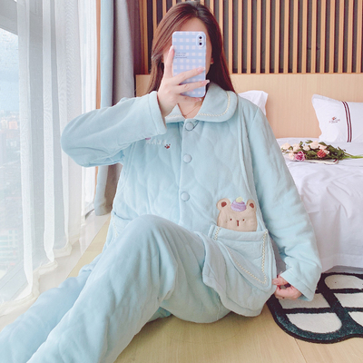 婴儿绒孕妇睡衣秋冬月子服产后加厚绒三层夹棉保暖哺乳喂奶家居服