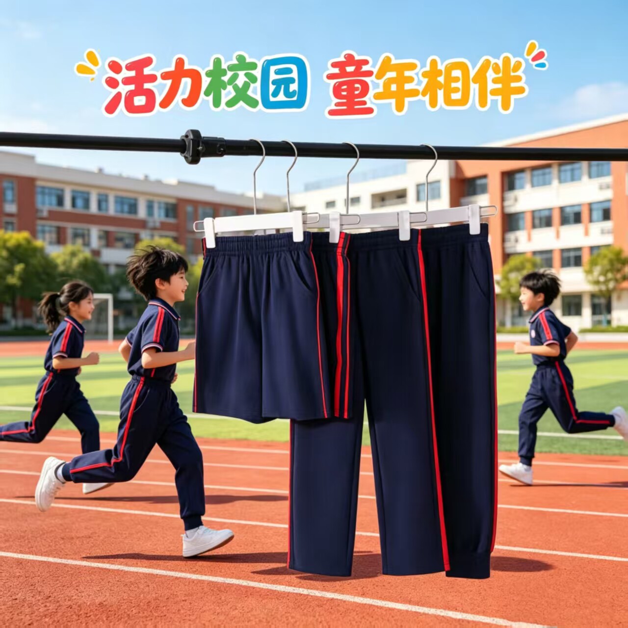 森西妮卡运动风藏蓝色短裤二杠红条纹透气校服裤初中小学生运动裤 - 实物图