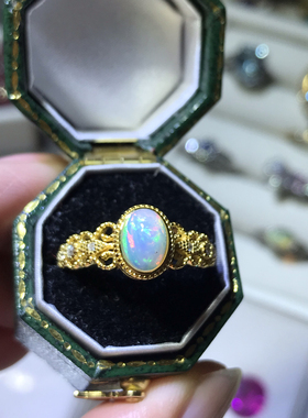 天然炫彩欧泊戒指女925银镀黄金镶嵌轻奢蕾丝日韩活口可调节