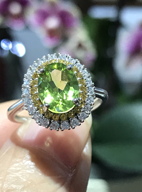 925银镀白金天然橄榄石戒指女小众设计感高级轻奢精致礼物