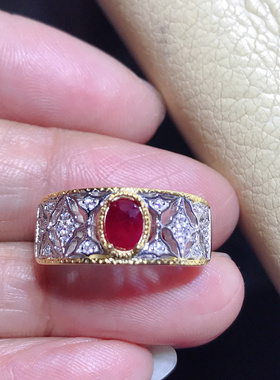 925银镀双色18金镶嵌天然红宝石戒指天然天然天然