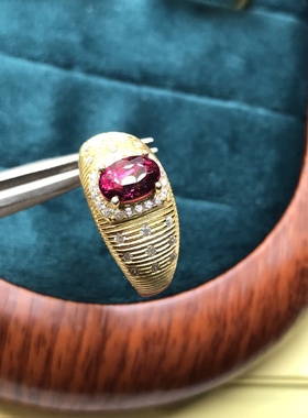 镁铝石榴石戒指925银镀黄金拉丝工艺天然红色宝石戒指