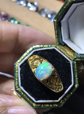 天然炫彩欧泊戒指女925银镀黄金色镶嵌彩色宝石轻奢活口可调节