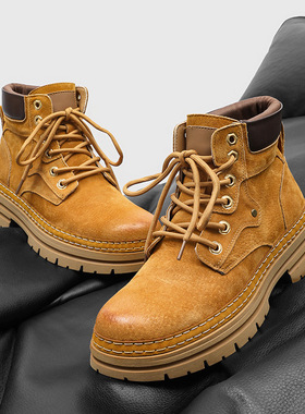 秋冬短靴系带增高工装大黄靴休闲男靴马丁靴英伦风冬季厚底靴黄色