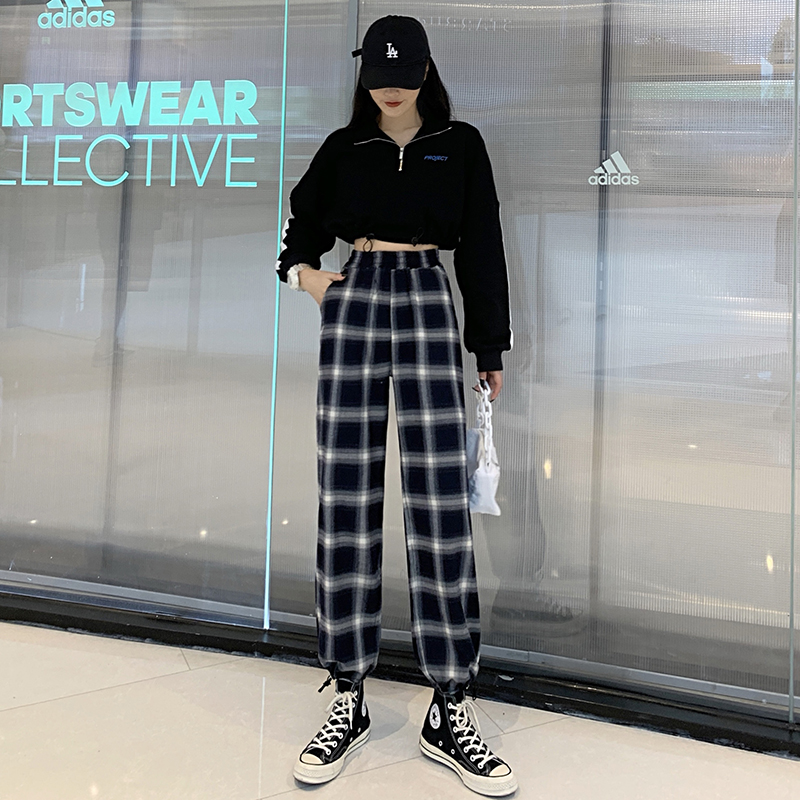 黑白格子裤女宽松束脚秋冬季2020新款显瘦百搭直筒休闲加绒运动裤