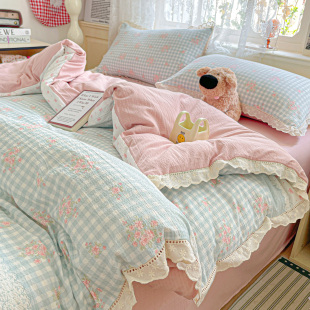 双层纱纯棉全棉床上四件套2025新款 被套床笠宿舍床单三件套 花边款