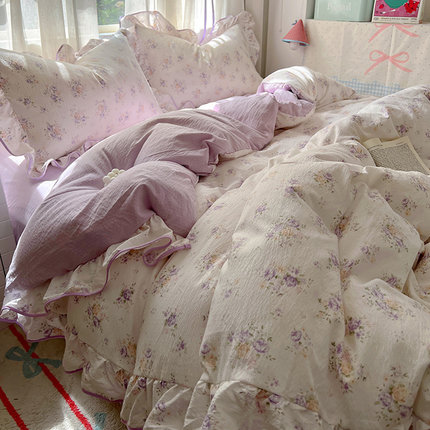 ins纯棉床上用品四件套公主风全棉新款紫被套少女花边床单三件套4