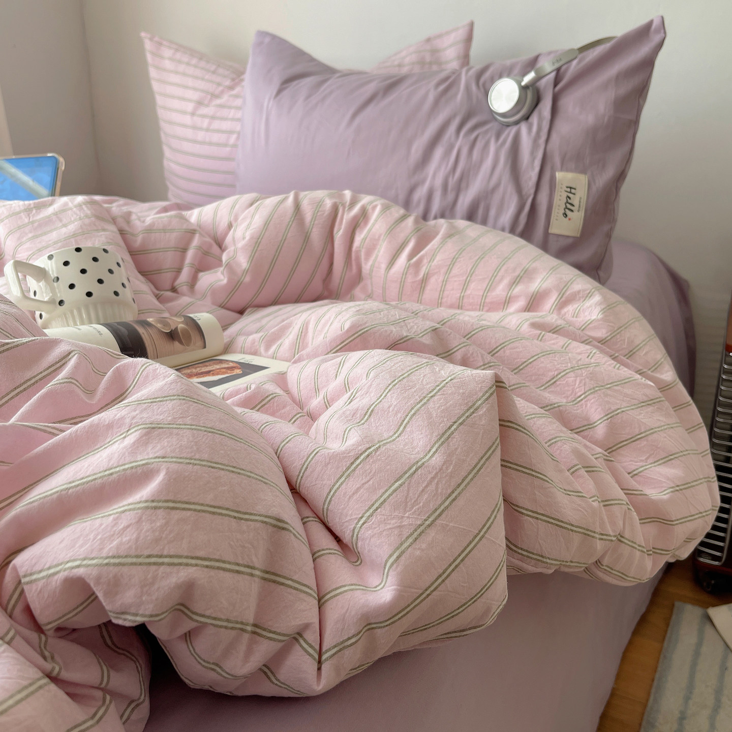 复古全棉条纹床上四件套100纯棉被罩床单被套学生宿舍三件套床笠4,床上用品,床品套件/四件套/多件套,淘宝优惠券,粉丝福利购,淘宝优惠卷