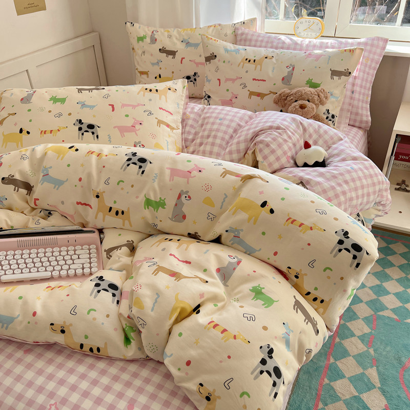 ins卡通狗狗床上用品纯棉四件套2025新款全棉床单被套宿舍三件