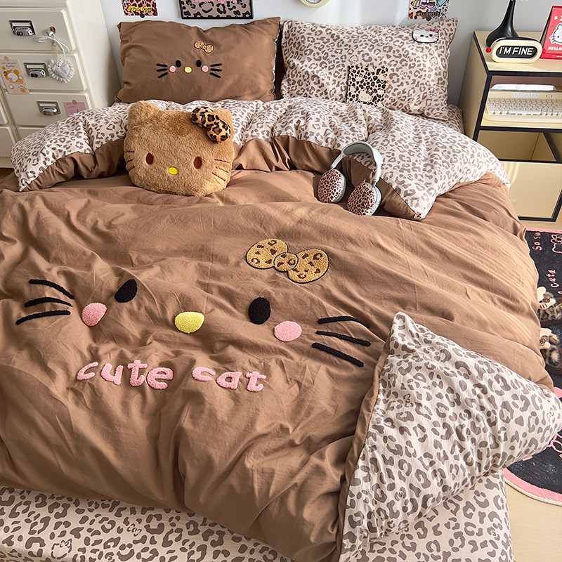 卡通豹纹kt毛巾绣四件套纯棉全棉双层纱被套罩学生宿舍床单三件套