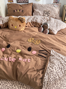 卡通豹纹kt毛巾绣四件套纯棉全棉双层纱被套罩学生宿舍床单三件套