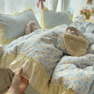 法式田园风花边床上四件套纯棉全棉床单被套罩床笠学生宿舍三件套