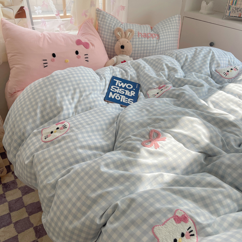 ins卡通猫咪毛巾绣纯棉全棉四件套少女心被套床单宿舍床上三件套4