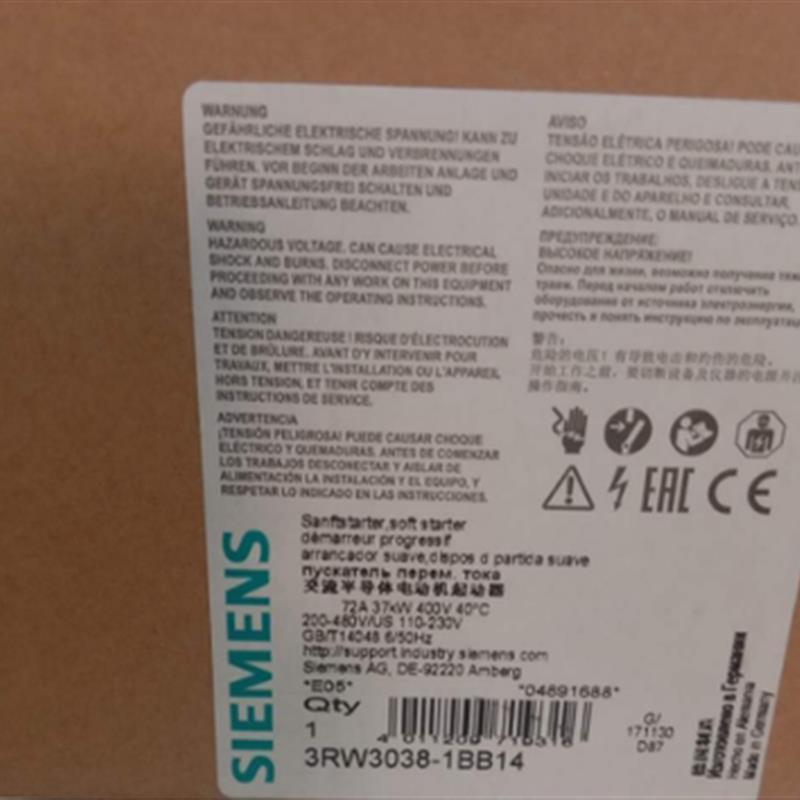3RW3038-1BB143RW30软起动器S2 72 A,37 kW/400 V