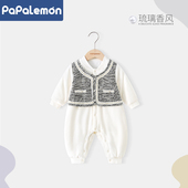 柠檬爬爬婴儿衣服秋冬夹棉保暖宝宝连体衣假两件哈衣外出洋气冬装