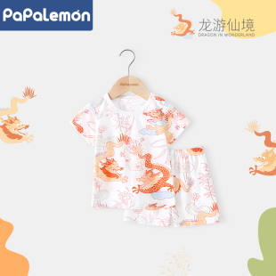 短裤 柠檬爬爬婴儿衣服夏季 短袖 宝宝纯棉分体套装 两件套中国风 薄款