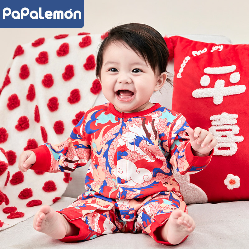 柠檬爬爬婴儿连体衣纯棉中国风大红色喜庆宝宝哈衣过年拜年新年装