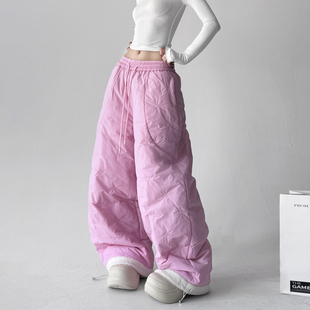 加绒加厚直筒菱格阔腿裤 粉色保暖棉裤 摇粒绒防风裤 新款 女2025冬季