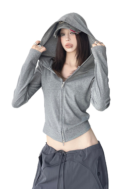 木昱子短款迷彩连帽卫衣春秋修身复古拉链开衫外套ins辣妹长袖