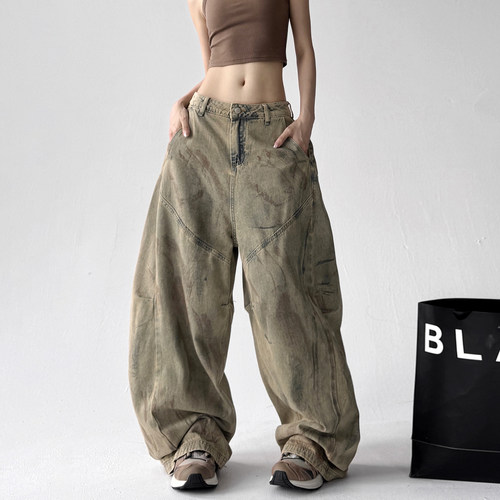 复古涂鸦弯刀牛仔裤女2025夏装新款美式超好看阔腿裤潮牌拼接裤