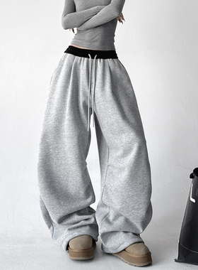 2025冬季加绒灰色抽绳卫裤女慵懒风宽松阔腿裤垂感运动休闲裤