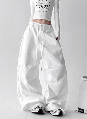 2025春秋新款美式复古工装裤女秋季宽松显瘦直筒阔腿休闲白色裤子