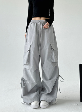 灰色美式工装裤女夏高腰宽松阔腿直筒休闲jazz爵士舞裤子速干运动