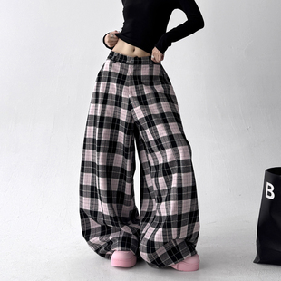 女宽松显瘦高个子直筒高级感休闲裤 复古格纹阔腿裤 新款 2025冬季