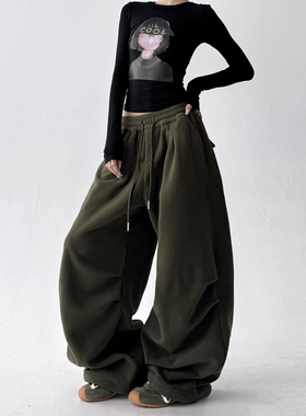 爆款女装军绿色工装裤女2025冬季新款宽松百搭系带高个子休闲裤