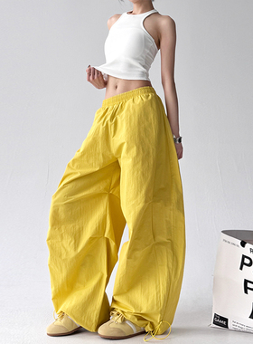 多巴胺黄色工装裤女夏季2025新款高腰宽松速干高个子运动休闲裤子