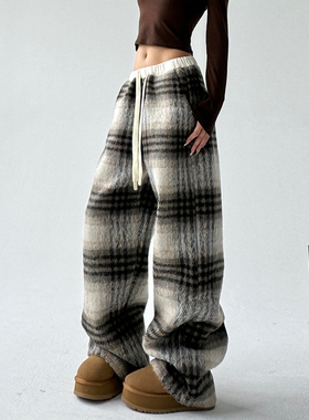 毛呢格子裤女秋冬加绒2025新款直筒休闲高腰宽松加厚慵懒拖地裤