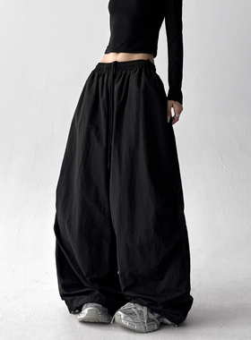 巨好看黑色工装裤女2025冬季新款宽松显瘦运动滑雪裤加绒阔腿裤