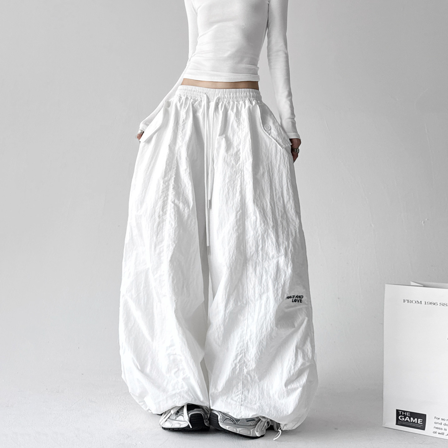 2825美式廓形松紧腰降落伞工装裤抽绳宽松皱褶口袋休闲裤冬加绒