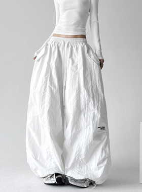 2825美式廓形松紧腰降落伞工装裤抽绳宽松皱褶口袋休闲裤冬加绒