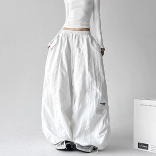 2825美式廓形松紧腰降落伞工装裤抽绳宽松皱褶口袋休闲裤冬加绒