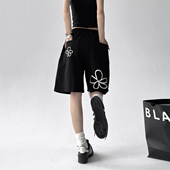 新款 女爆款 女装 2025夏季 黑色花朵图案短裤 女宽松休闲裤 街舞五分裤