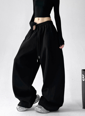 黑色弯刀卫裤女2025秋冬装新款运动裤宽松阔腿高个子学院休闲裤