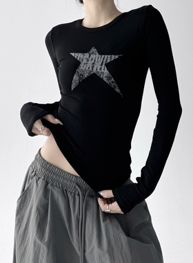 美式辣妹黑色长袖t恤女2025秋冬季修身内搭高个子打底衫显瘦上衣