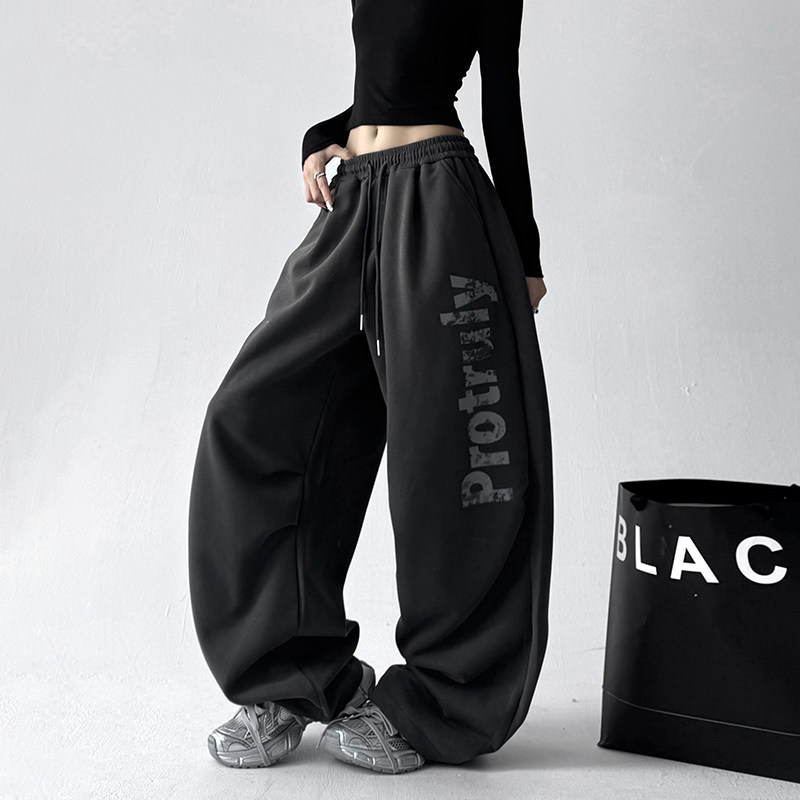 美式复古字母印花休闲裤女2025秋季新款高腰显瘦直筒阔腿拖地长裤,女装/女士精品,休闲裤,淘宝优惠券,粉丝福利购,淘宝优惠卷