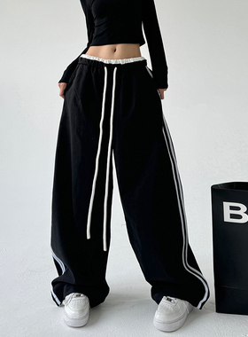 黑色街头时尚休闲运动裤女2025秋季新款撞色设计感花边宽松阔腿裤