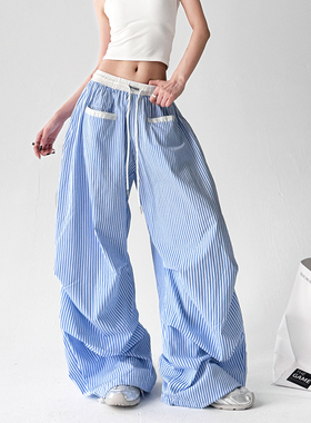 蓝色阔腿休闲裤女2025夏季新款高腰条纹直筒裤慵懒风温柔百搭裤潮