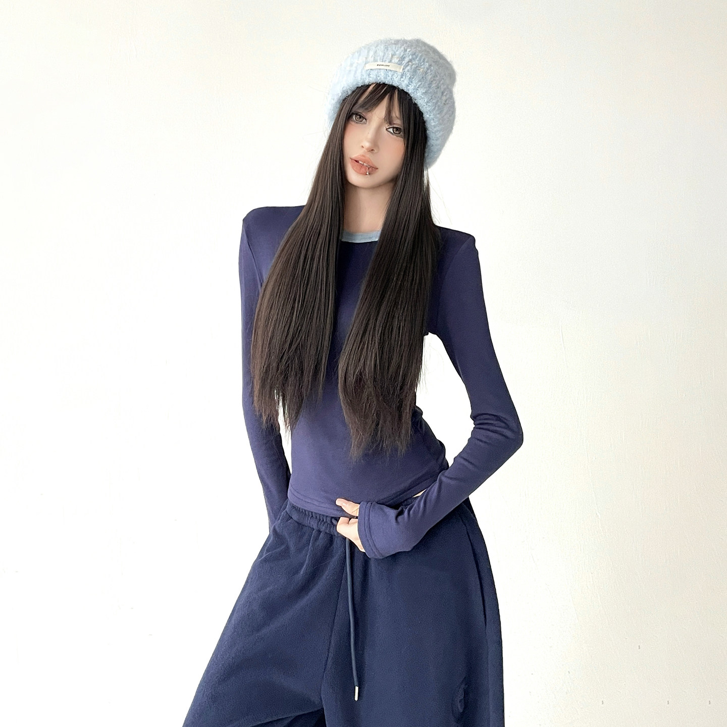 美式复古撞色假两件长袖t恤女2026秋冬修身显瘦内搭打底衫上衣