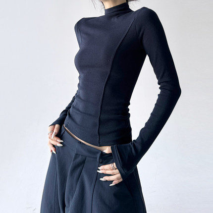 巨好看藏青半高领长袖t恤女2025冬季新款打底衫内搭修身漂亮上衣